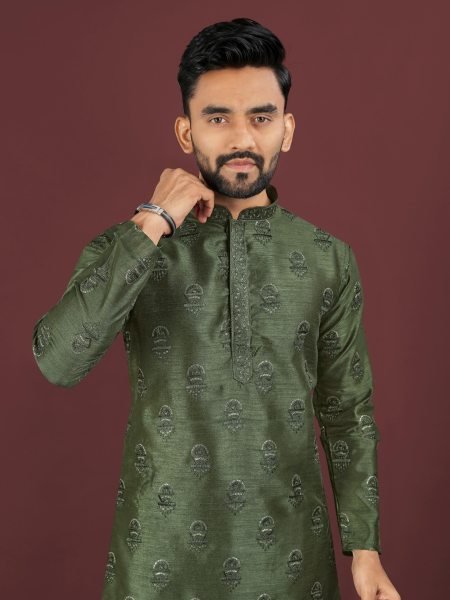 Ergonomic Green Designer Men Banglory Silk Kurta with Sequin Work for Festival Kurta Pajama Wholesale