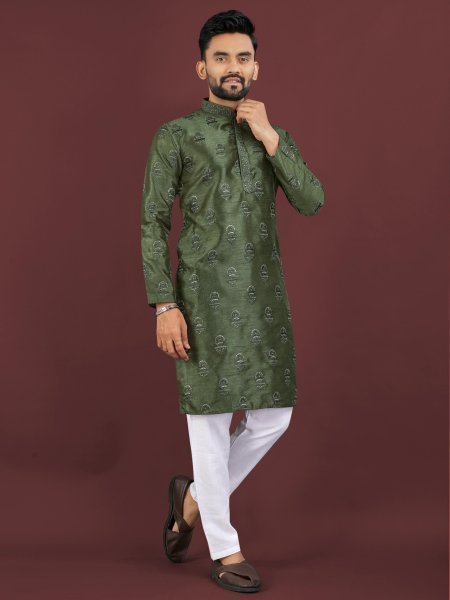 Ergonomic Green Designer Men Banglory Silk Kurta with Sequin Work for Festival Kurta Pajama Wholesale