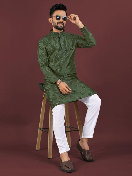 Ergonomic Green Designer Men Banglory Silk Kurta with Sequin Work for Festival Kurta Pajama Wholesale