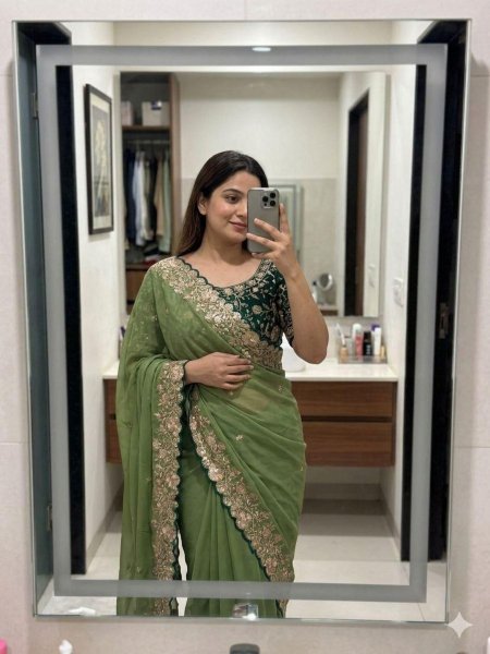 Ergonomic Green Georgette Saree with Heavy Sequins Blouse at Wholesale Price Sarees 