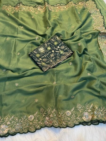 Ergonomic Green Georgette Saree with Heavy Sequins Blouse at Wholesale Price Georgette Sarees Wholesale