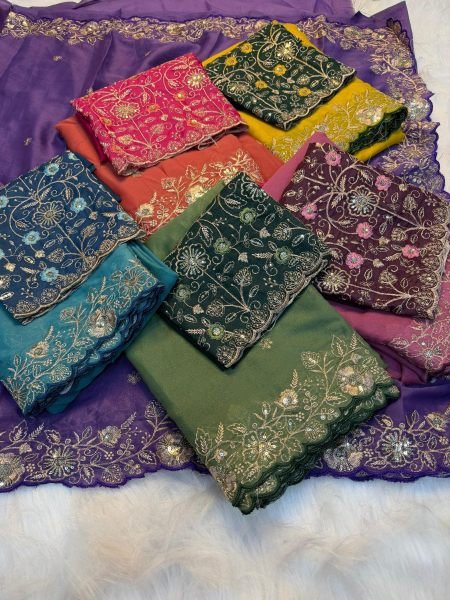 Ergonomic Green Georgette Saree with Heavy Sequins Blouse at Wholesale Price Georgette Sarees Wholesale