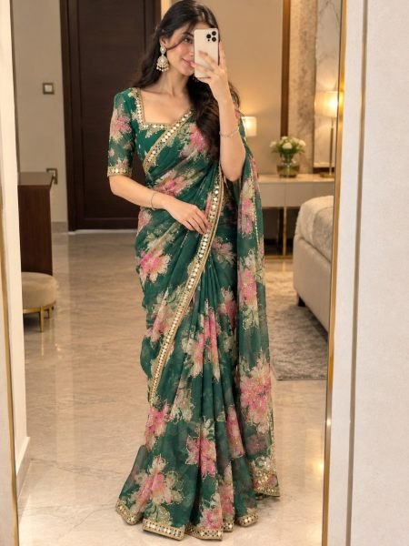 Ergonomic Green Tabby Silk Printed Saree with Real Mirror Lace Border for Wedding Wear Sarees 