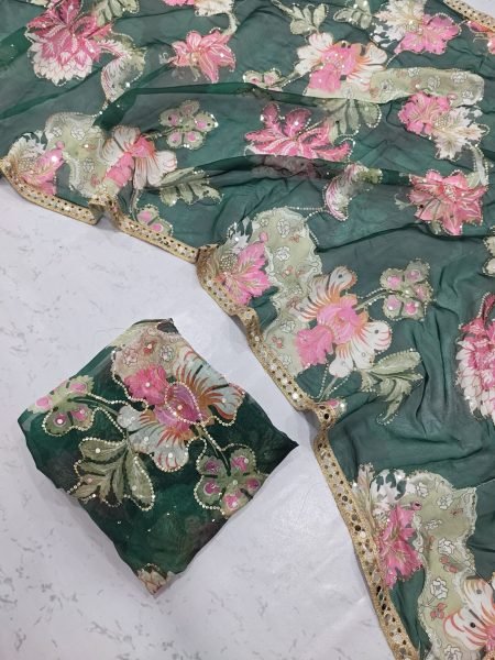 Ergonomic Green Tabby Silk Printed Saree with Real Mirror Lace Border for Wedding Wear Silk Sarees Wholesale