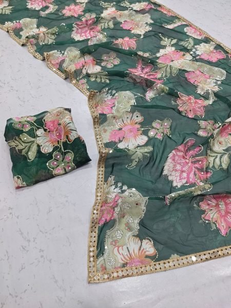 Ergonomic Green Tabby Silk Printed Saree with Real Mirror Lace Border for Wedding Wear Silk Sarees Wholesale