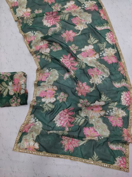 Ergonomic Green Tabby Silk Printed Saree with Real Mirror Lace Border for Wedding Wear Silk Sarees Wholesale