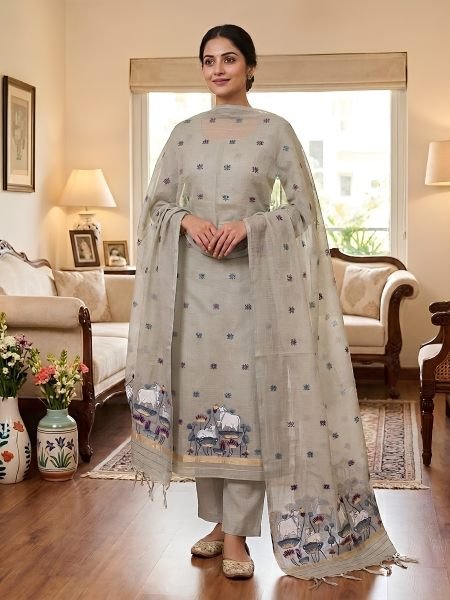 Ergonomic Grey Muga Cotton Jamdani Pichwai Weaving 3 Piece Salwar Suit Dress Material 
