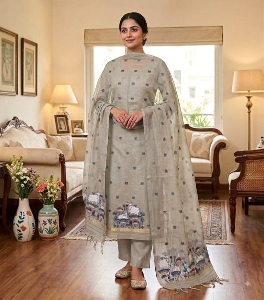 Ergonomic Grey Muga Cotton Jamdani Pichwai Weaving 3 Piece Salwar Suit Color Set Matching Dress Material Wholesale