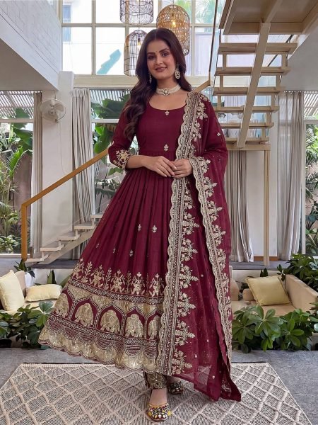 Ergonomic Maroon Crunchy Silk Front and Back Embroidered Anarkali Suit with Dupatta Ready To Wear Suit