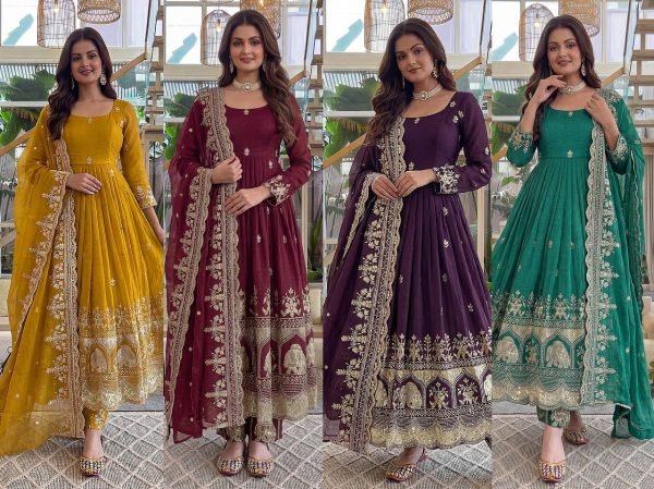Ergonomic Maroon Crunchy Silk Front and Back Embroidered Anarkali Suit with Dupatta Ready To Wear Collection