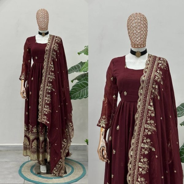 Ergonomic Maroon Crunchy Silk Front and Back Embroidered Anarkali Suit with Dupatta Ready To Wear Collection