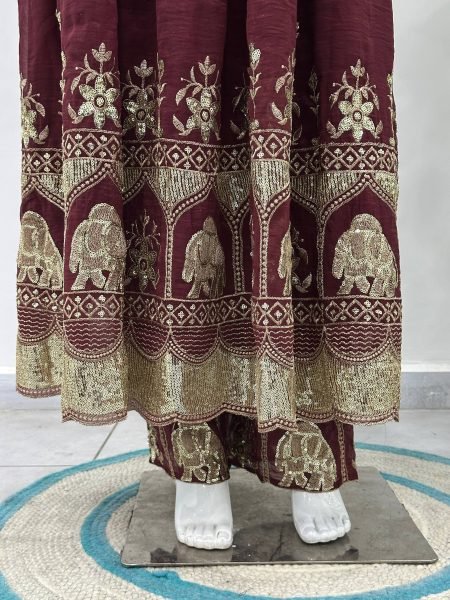 Ergonomic Maroon Crunchy Silk Front and Back Embroidered Anarkali Suit with Dupatta Ready To Wear Collection