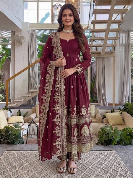 Ergonomic Maroon Crunchy Silk Front and Back Embroidered Anarkali Suit with Dupatta Ready To Wear Collection