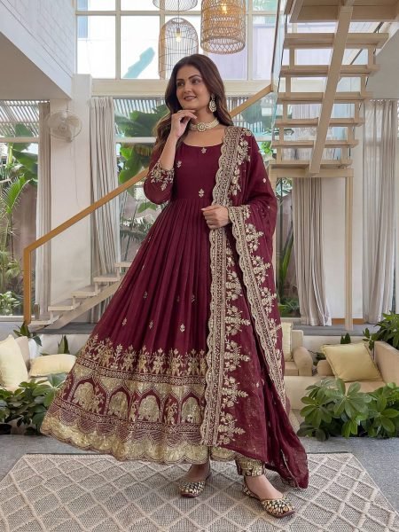 Ergonomic Maroon Crunchy Silk Front and Back Embroidered Anarkali Suit with Dupatta Ready To Wear Collection