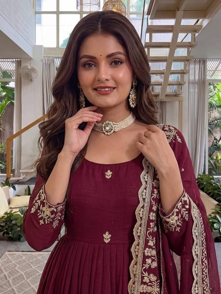 Ergonomic Maroon Crunchy Silk Front and Back Embroidered Anarkali Suit with Dupatta Ready To Wear Collection