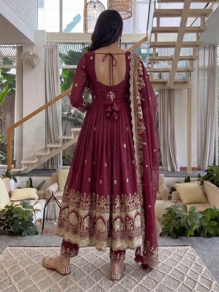 Ergonomic Maroon Crunchy Silk Front and Back Embroidered Anarkali Suit with Dupatta Ready To Wear Collection