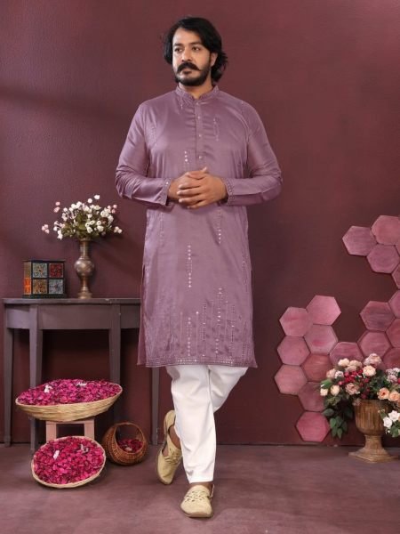 Ergonomic Mauve Smart Silk Kurta with Embroidered Mirror Work at Manufacturer  Mens Wear