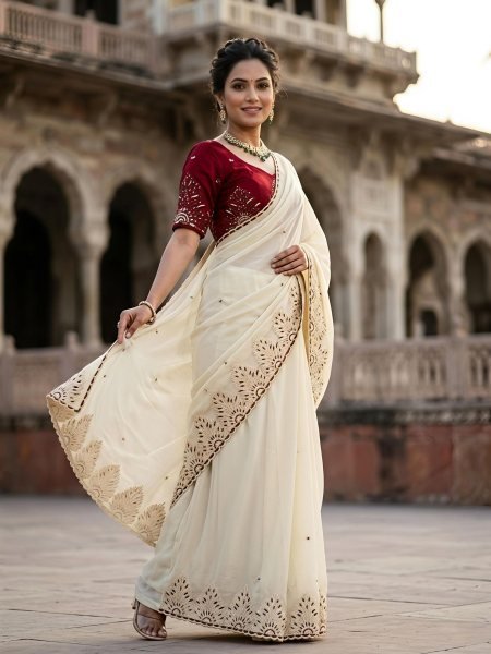 Ergonomic Off White Rangoli Embroidered Saree at Dubai Wholesale Rate for Party Wear Sarees 