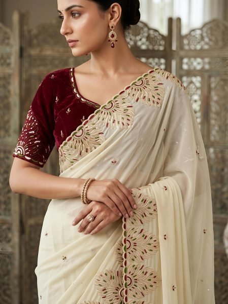 Ergonomic Off White Rangoli Embroidered Saree at Dubai Wholesale Rate for Party Wear Embroidery Sarees Wholesale