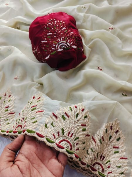 Ergonomic Off White Rangoli Embroidered Saree at Dubai Wholesale Rate for Party Wear Embroidery Sarees Wholesale