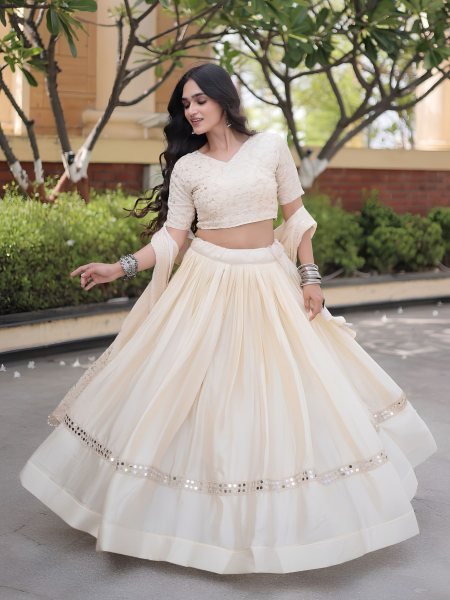 Ergonomic OffWhite Glory Satin Bridal Lehenga with Heavy Embroidery and Sequins Work 