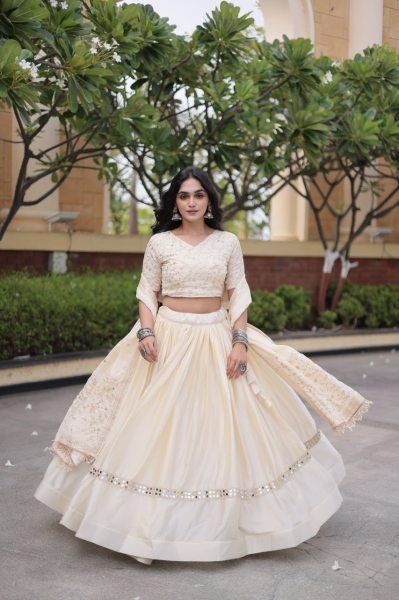 Ergonomic OffWhite Glory Satin Bridal Lehenga with Heavy Embroidery and Sequins Work Designer Lehenga Choli
