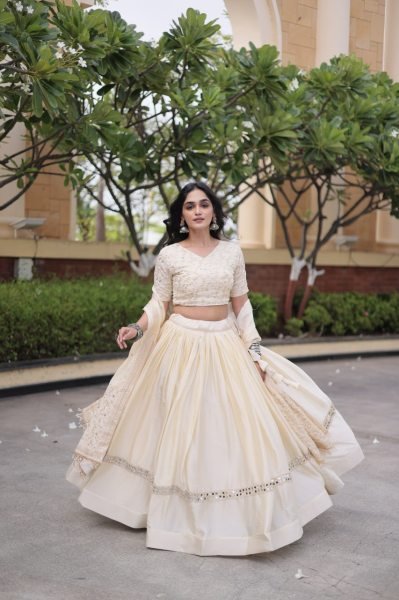 Ergonomic OffWhite Glory Satin Bridal Lehenga with Heavy Embroidery and Sequins Work Designer Lehenga Choli