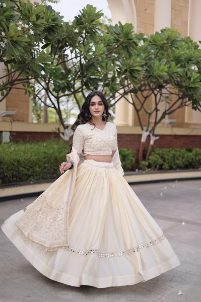Ergonomic OffWhite Glory Satin Bridal Lehenga with Heavy Embroidery and Sequins Work Designer Lehenga Choli
