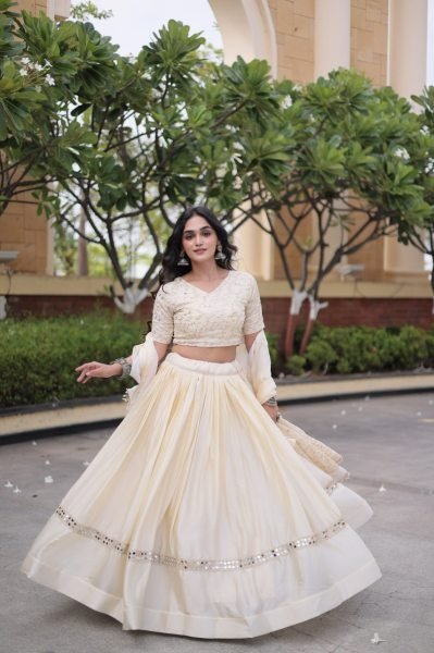 Ergonomic OffWhite Glory Satin Bridal Lehenga with Heavy Embroidery and Sequins Work Designer Lehenga Choli