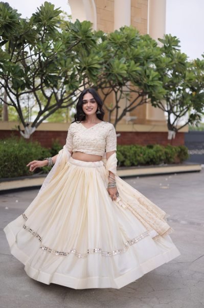 Ergonomic OffWhite Glory Satin Bridal Lehenga with Heavy Embroidery and Sequins Work Designer Lehenga Choli