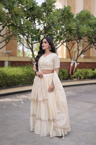 Ergonomic OffWhite Glory Satin Bridal Lehenga with Heavy Embroidery and Sequins Work Designer Lehenga Choli