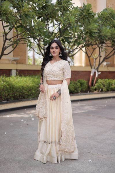 Ergonomic OffWhite Glory Satin Bridal Lehenga with Heavy Embroidery and Sequins Work Designer Lehenga Choli