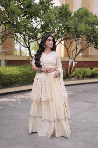 Ergonomic OffWhite Glory Satin Bridal Lehenga with Heavy Embroidery and Sequins Work Designer Lehenga Choli