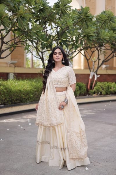 Ergonomic OffWhite Glory Satin Bridal Lehenga with Heavy Embroidery and Sequins Work Designer Lehenga Choli