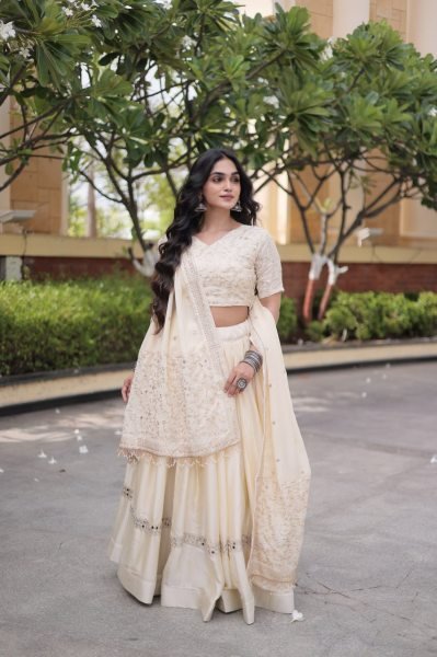 Ergonomic OffWhite Glory Satin Bridal Lehenga with Heavy Embroidery and Sequins Work Designer Lehenga Choli