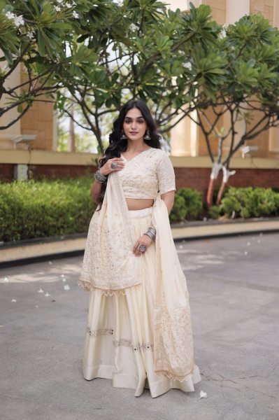 Ergonomic OffWhite Glory Satin Bridal Lehenga with Heavy Embroidery and Sequins Work Designer Lehenga Choli
