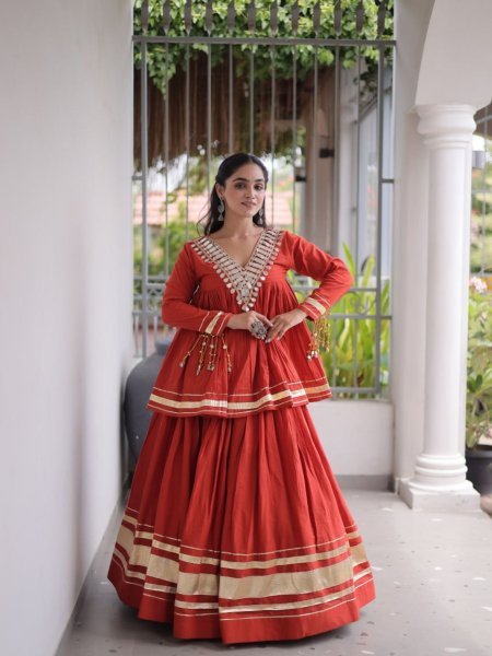 Ergonomic Orange Designer Kora Cotton Lehenga Choli Set with Real Mirror Lace 