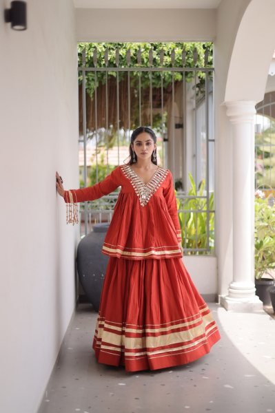 Ergonomic Orange Designer Kora Cotton Lehenga Choli Set with Real Mirror Lace Navratri Lehnega Choli