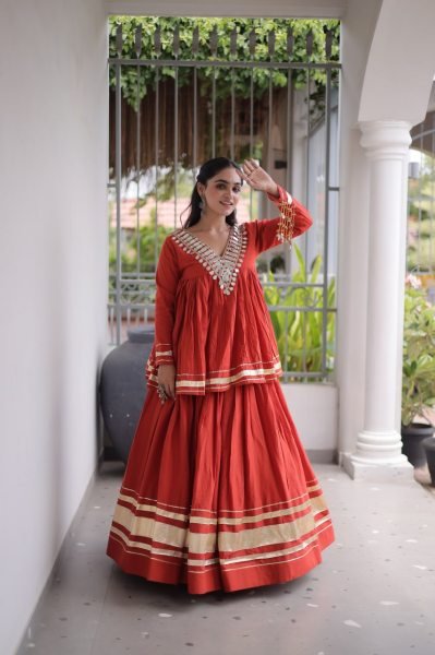 Ergonomic Orange Designer Kora Cotton Lehenga Choli Set with Real Mirror Lace Navratri Lehnega Choli