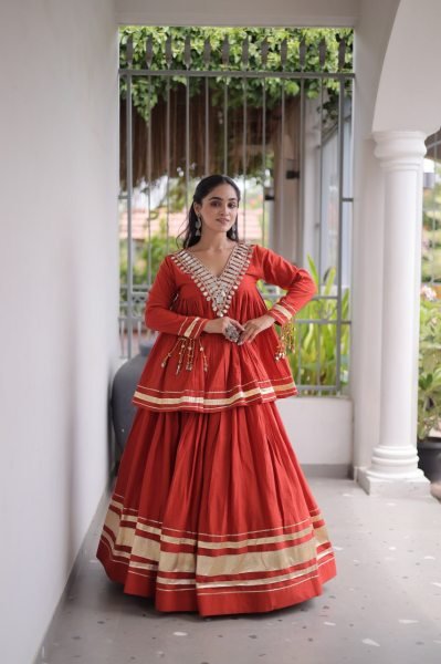 Ergonomic Orange Designer Kora Cotton Lehenga Choli Set with Real Mirror Lace Navratri Lehnega Choli