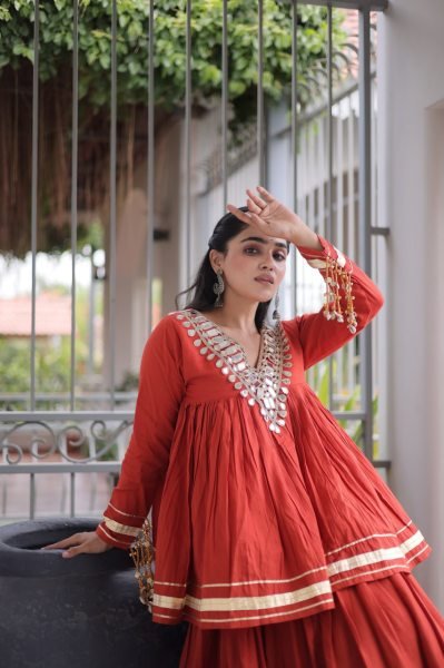 Ergonomic Orange Designer Kora Cotton Lehenga Choli Set with Real Mirror Lace Navratri Lehnega Choli