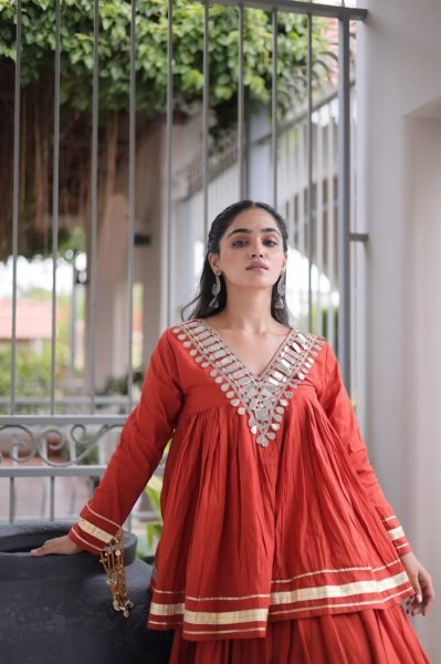Ergonomic Orange Designer Kora Cotton Lehenga Choli Set with Real Mirror Lace Navratri Lehnega Choli