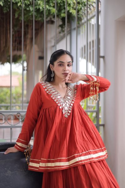 Ergonomic Orange Designer Kora Cotton Lehenga Choli Set with Real Mirror Lace Navratri Lehnega Choli