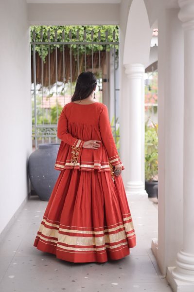 Ergonomic Orange Designer Kora Cotton Lehenga Choli Set with Real Mirror Lace Navratri Lehnega Choli