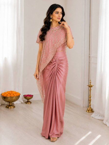 Ergonomic Peach Crepe Silk Dhoti Koti Set with Embroidered Sequins Work for Women 