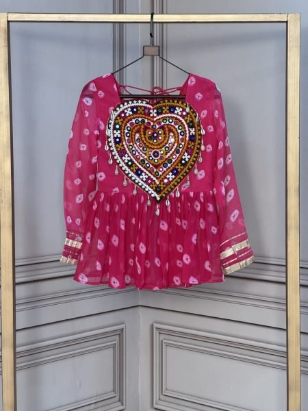 Ergonomic Pink Bandhani Print Faux Georgette Top with Traditional Kutchi Gamthi Work Kurtis