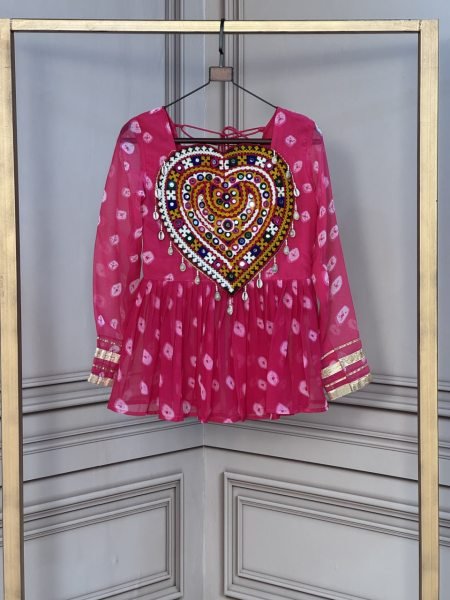 Ergonomic Pink Bandhani Print Faux Georgette Top with Traditional Kutchi Gamthi Work Tunics kurti