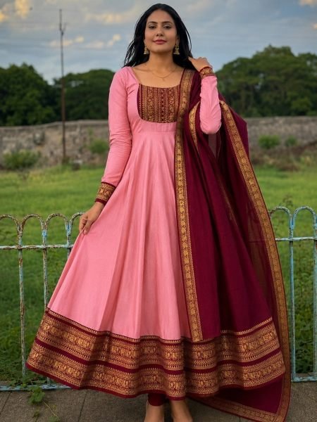 Ergonomic Pink Cotton Chanderi Anarkali Gown with Jacquard Silk Border at Wholesale  Kurtis