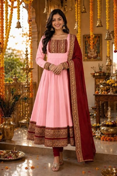 Ergonomic Pink Cotton Chanderi Anarkali Gown with Jacquard Silk Border at Wholesale  Anarkali Kurtis 
