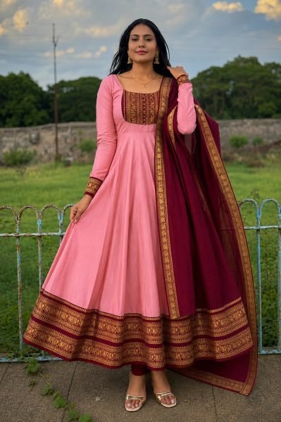 Ergonomic Pink Cotton Chanderi Anarkali Gown with Jacquard Silk Border at Wholesale  Anarkali Kurtis 